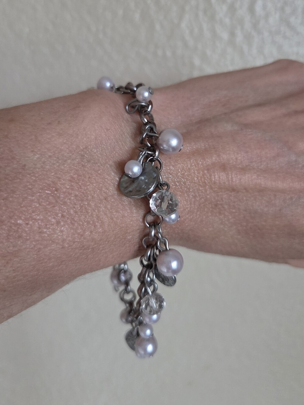 hammered disc fringe charm bracelet gunmetal faux pearl crystal